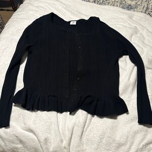CAbi Black Ribbed Button Cardigan with Subtle Ruffle